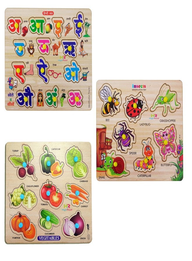 HIGHROOF® Kids Fort Pre Nursery Educational Jigsaw Puzzles for Adults Kids Learning Toys Kit Board Game 3 pcs Set of Hindi Letters Insects & Vegetables Educational Toy - Image 1